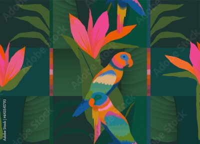 Papier peint  Abstract tropical pattern with parrots. Colorful botanical collage contemporary seamless pattern. Hand drawn unique print.