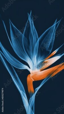 Papier peint  Abstract X-ray Art of Bird of Paradise Strelitzia Flower with Blue and Orange Hues.