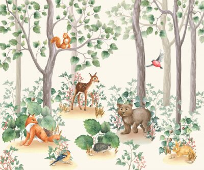 Papier peint  Adorables animaux de la forêt et oiseaux parmi les arbres