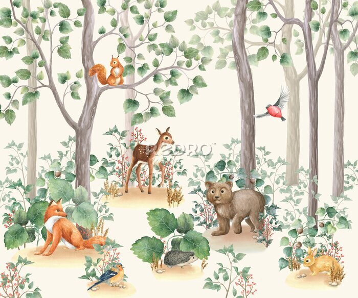 Papier peint  Adorables animaux de la forêt et oiseaux parmi les arbres