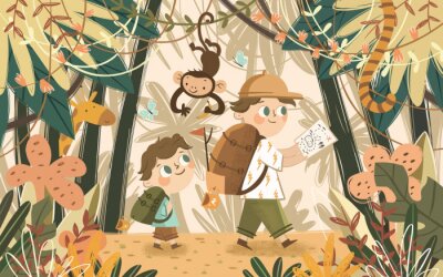 Papier peint  Adventures in the jungle and safari. Children vector illustration of kids camping in an exotic forest with african animals monkey and giraffe. Cute drawing of walking and traveling boys.
