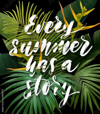 Papier peint  Affiche d'été tropical avec sabal et feuilles de palmier de bananier, fleurs strelitzia exotiques et inscription intégrée dessinée à la main avec effet 3d. Illustration vectorielle