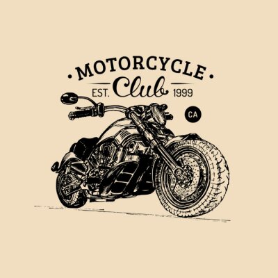 Papier peint  Affiche publicitaire de moto vectorielle. Illustration esquissée pour le badge MC. Logo de la marque pour une entreprise personnalisée, un magasin chopper, etc.