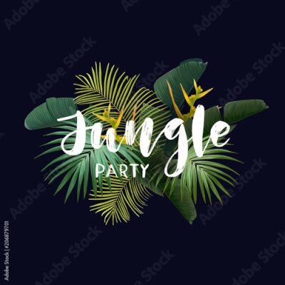 Papier peint  Affiche tropicale d'été avec des feuilles de palmier sabal et banane, des fleurs de strelitzia exotiques et une inscription intégrée dessinée à la main. Illustration vectorielle