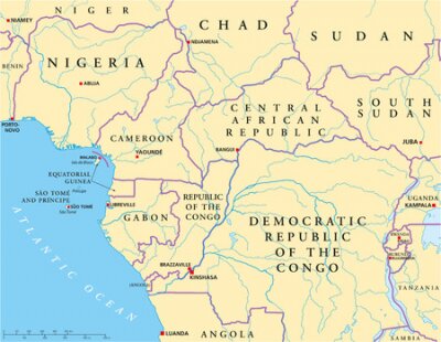 Papier peint  Afrique de l'Ouest Centrale Carte politique avec les capitales, les frontières nationales, les rivières et les lacs Illustration d'étiquetage et de mise à l'échelle en anglais