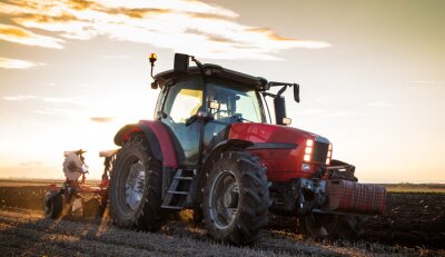 Agriculteur qui laboure un champ de chaume avec tracteur rouge au coucher du soleil