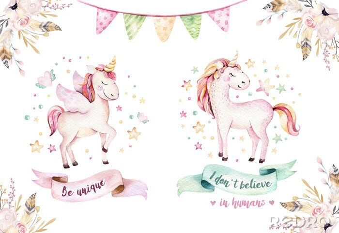 Papier peint  Aimant jolie aquarelle unicorn clipart. Illustration des licornes de nursery. Affiche princesse des licornes arc-en-ciel. Cheval de dessin animé rose à la mode.