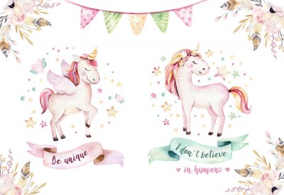 Papier peint  Aimant jolie aquarelle unicorn clipart. Illustration des licornes de nursery. Affiche princesse des licornes arc-en-ciel. Cheval de dessin animé rose à la mode.