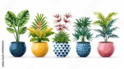 Papier peint  Alocasia, begonia, fan palm, monstera, ficus, strelitzia and oxalis. Colored flat modern illustration of trendy potted plants for home.
