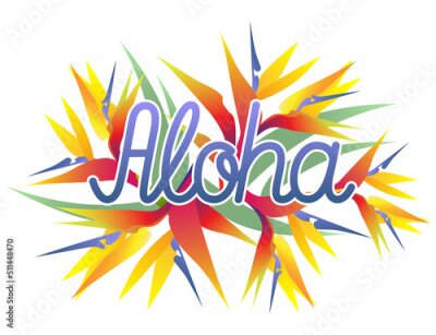 Papier peint  Aloha lettering text with strelitzia flower background. Vector Illustration.