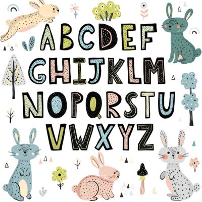 Papier peint  Alphabet avec des charmants lapins