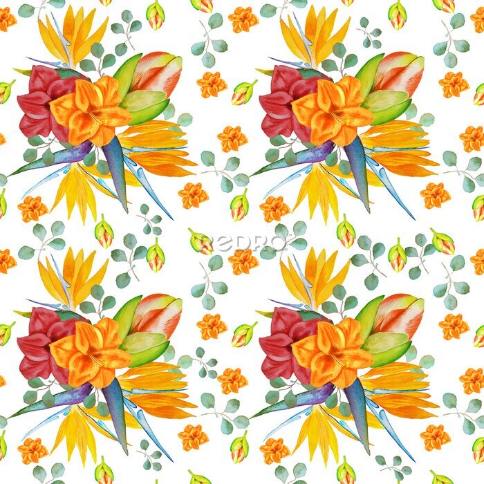 Papier peint  Amaryllis flowers strelitzia buds a bouquet of tropical flowers pattern