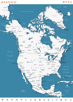 Amérique du Nord carte - très détaillées illustration vectorielle. Image contient contours terrestres, les noms de pays et de la terre, les noms de ville, les noms d'objets de l'eau, des icônes de nav