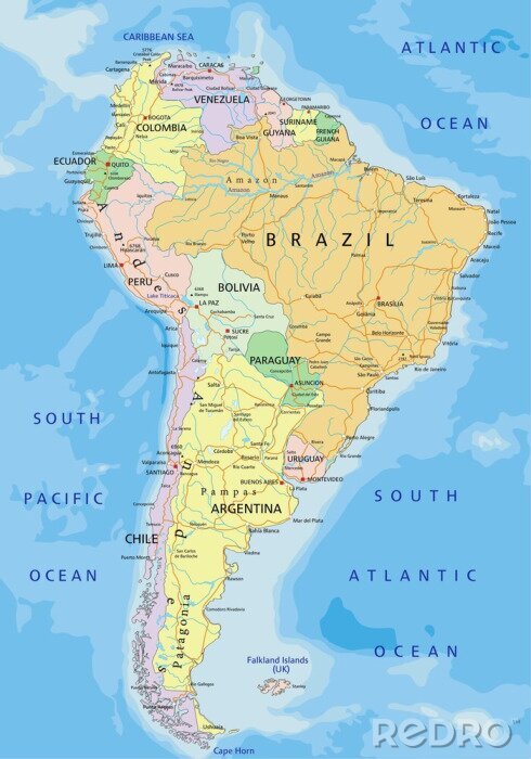 Papier peint  Amérique du Sud - très détaillée carte politique modifiable.