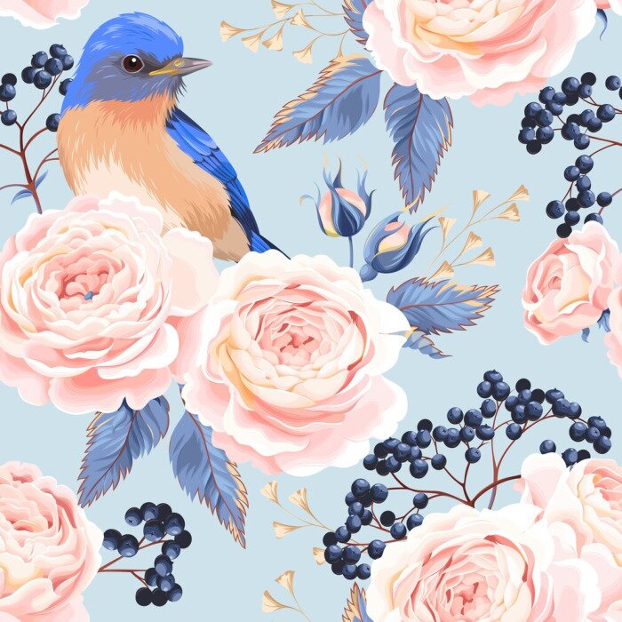 Papier peint  A?n? et oiseaux de grandes roses