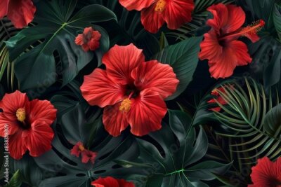 Papier peint  An exotic jungle wallpaper featuring a vintage red hibiscus and strelitzia floral design on a green palm leaf seamless pattern.