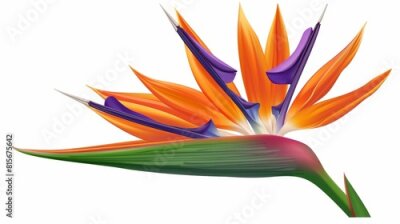Papier peint  An orange and purple exotic plant with orange petals isolated on white background, Strelitzia reginae, a crane flower.