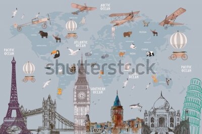 Papier peint  Animals world map and famous landmarks of the world for kids wallpaper design