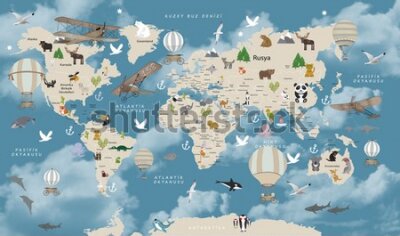 Papier peint  Animals world map for kids wallpaper design Turkish articles