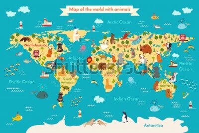 Papier peint  Animals world map. Preschool illustration, baby, continents, oceans, drawn, Earth.