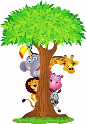 Animaux africains se cachant derrière un arbre