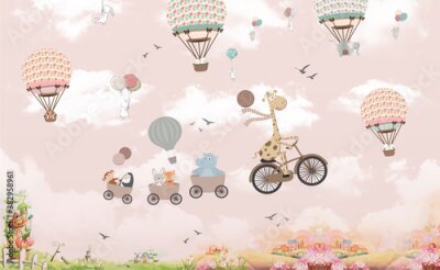 Papier peint  Animaux dans des véhicules et des ballons sur fond de ciel rose