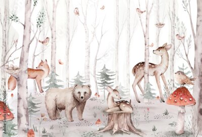 Papier peint  Animaux dans une forêt aquarelle