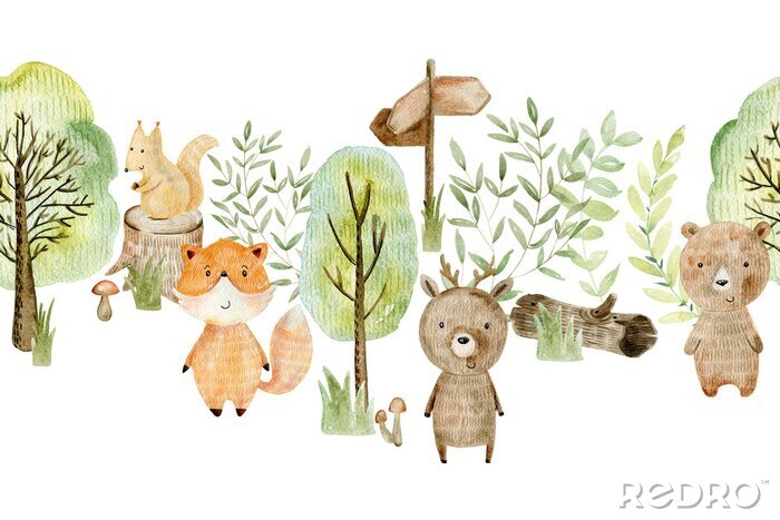 Papier peint  Animaux de la forêt entourés d'arbres verts