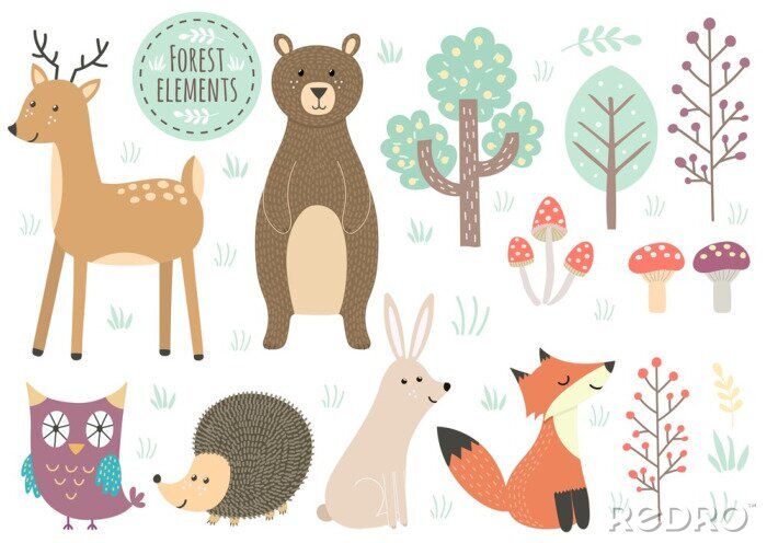 Papier peint  Animaux de la forêt et touffes d'herbe