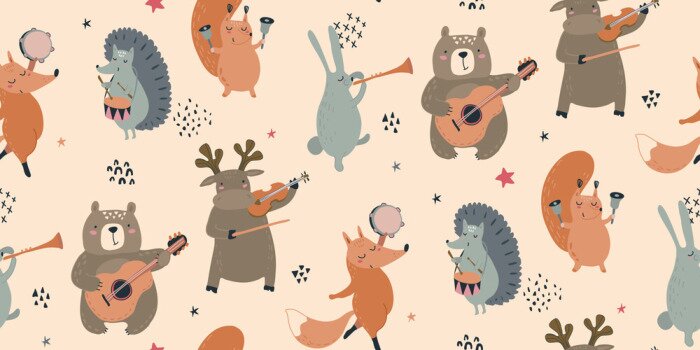 Papier peint  Animaux de la forêt jouant de la musique avec des instruments