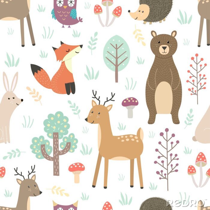 Papier peint  Animaux de la forêt sur un fond blanc