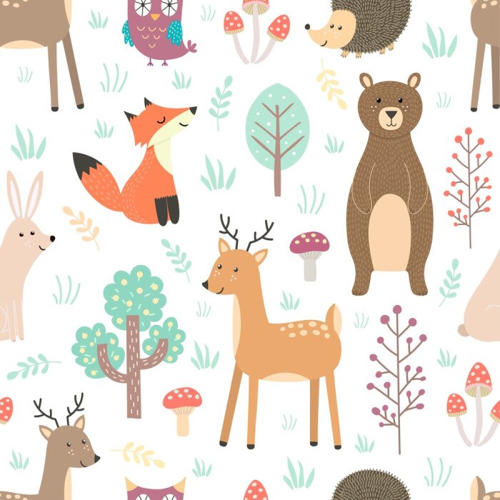 Papier peint  Animaux de la forêt sur un fond blanc