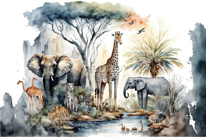 Papier peint  Animaux et arbres tropicaux illustrés à l'aquarelle