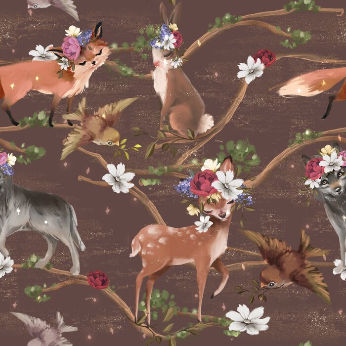 Papier peint  Animaux et de fleurs de la forêt version aquarelle