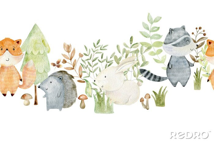 Papier peint  Animaux et plantes de la forêt de conte de fées sur fond blanc
