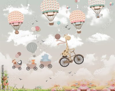 Papier peint  Animaux joyeux dans des ballons sur fond de ciel