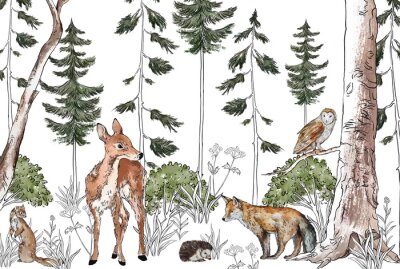 Papier peint  Animaux mignons dans une forêt aquarelle