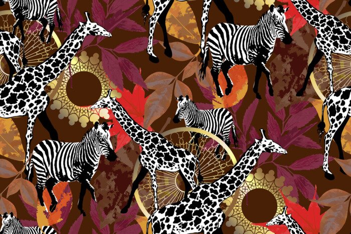 Papier peint  Animaux noirs et blancs sur un fond abstrait