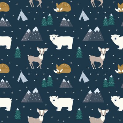 Animaux scandinaves dessinés à la main dans la forêt, modèle sans couture. Motifs traditionnels de style scandinave. Illustration vectorielle