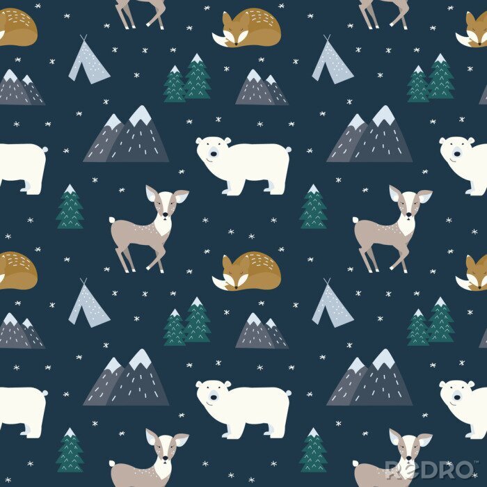 Papier peint  Animaux scandinaves dessinés à la main dans la forêt, modèle sans couture. Motifs traditionnels de style scandinave. Illustration vectorielle