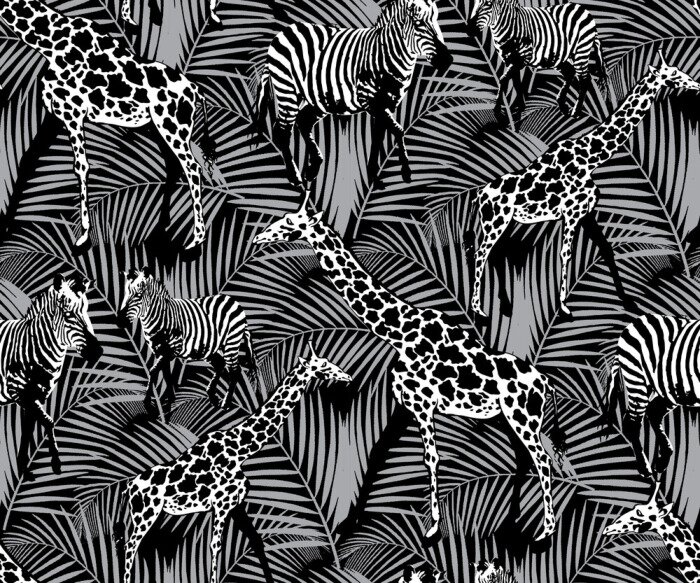 Papier peint  Animaux tropicaux sur un fond recouvert de feuilles