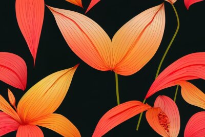 Papier peint  Anthurium and strelitzia seamless 2d illustrated pattern. Large red orange pink beige flowers and green leaves on black background. Square design for fabric wallpaper scrapbook wrap invitation cards.