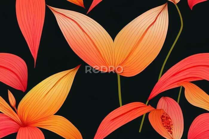 Papier peint  Anthurium and strelitzia seamless 2d illustrated pattern. Large red orange pink beige flowers and green leaves on black background. Square design for fabric wallpaper scrapbook wrap invitation cards.