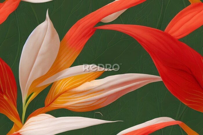 Papier peint  Anthurium and strelitzia seamless pattern. Large red, orange, pink, beige flowers and green leaves on white background. Square design for fabric, wallpaper, scrapbook, wrap, invitation cards.
