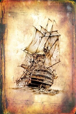 Papier peint  antique motif bateau de mer à la main dessin