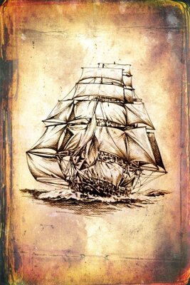 Papier peint  antique motif bateau de mer à la main dessin