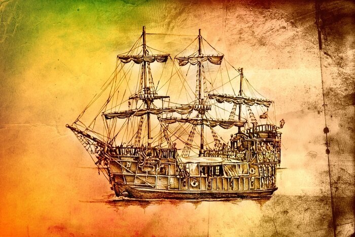 Papier peint  antique motif bateau de mer à la main dessin