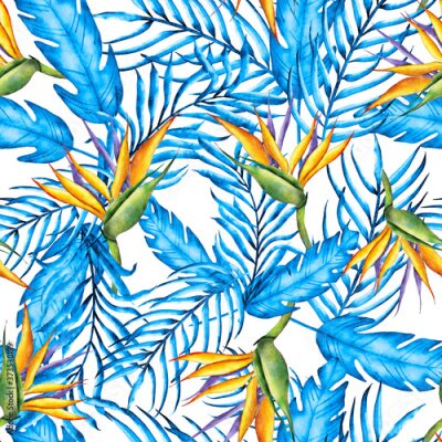 Papier peint  Aquarela folhas tropicais e strelitzia. Folhas de palmeira em aquarela  Ilustração pintada à mão.