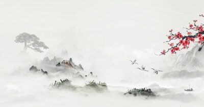 Papier peint  Aquarelle asiatique avec des oiseaux au départ