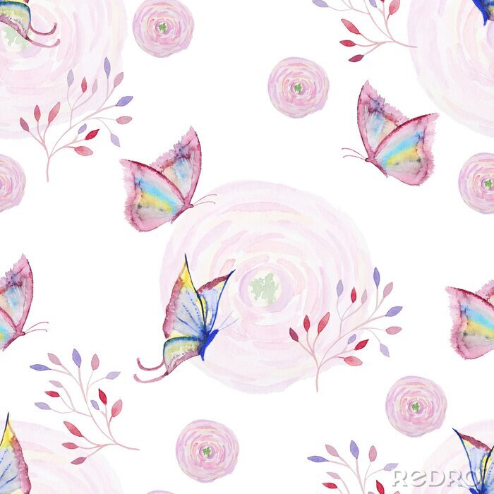 Papier peint  Aquarelle avec papillons et plantes